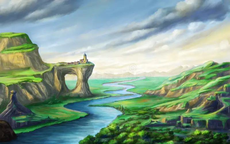 Fantasy Landscape River Fantsy Small Village Top Rock Arch Digital Illustration 114172857